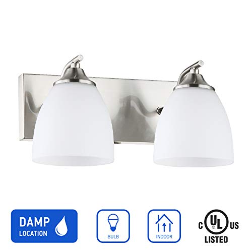 OSTWIN 2-Light Bath Bar Light Up or Down, Interior Bathroom Vanity Wall Lighting Fixture VF42, 2x60 Watt E26 Socket, Satin Nickel Finish with Opal Oval Cone Glass Shade, UL Listed - Thumbnail 5