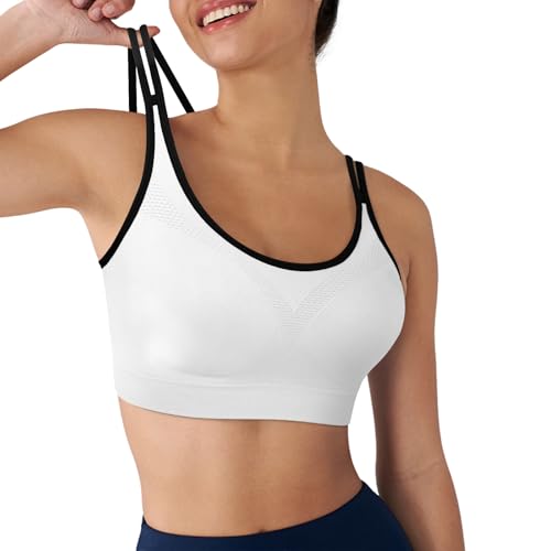 Image of WOYYHO Cross Back Sports Bra for Women Padded Medium Support Workout Bra | 3 Pack, Strappy, Removable Pads, Soft, Spaghetti Strap, Moisture-Wicking, Seamless, for Athletic Yoga Gym Fitness Daily