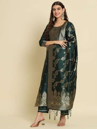 Image of VredeVogel Women's Cotton Silk Jacquard Kurta Pant Set with Banarasi Silk Dupatta
