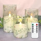FLAVCHARM Glass Flameless Candles Flickering Battery Operated LED Pillar Candles Set of 3 with Timer and and 10-Key Remote Green Branch Floral Spring Summer Theme for Wedding Festival Home Decoration