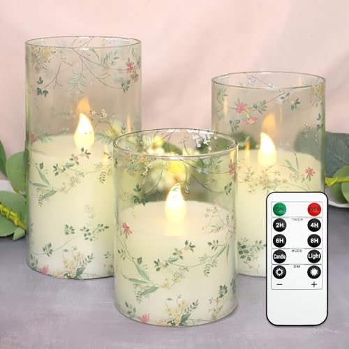 Image of Glass Flameless Candles Flickering Battery Operated LED Pillar Candles Set of 3 with Timer and and 10-Key Remote Green Branch Floral Spring Summer Theme for Wedding Festival Home Decoration