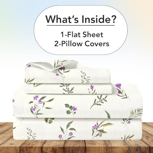 Image of Divine Casa Cotton King Size Bedsheet | 210 TC Soft Breathable Pigment Twill Satin Bed Sheet with 2 Pillow Covers | Luxury Bedding Set | 275 x 275 cm (Creme Purple, Floral)