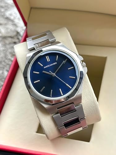 Image of AMERICANVIBER Dual Tone Stainless Steel Strap Men's Wrist Watches Classic Minimalist Bar Scale Dial Analog Wrist Watch for Men
