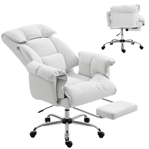 Image of HOMCOM Executive Office Chair Comfy with Foot Rest, Reclining Swivel Computer Desk Chair with High Folding Back, Thick Cushion, Padded Armrest, Adjustable Height, Rolling Wheels, Cream White