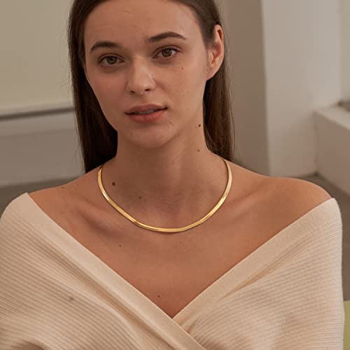 Chesky Herringbone Necklace For Women, Dainty Gold Chain Necklace 14K Gold Plated 5Mm Flat Snake Chain Necklaces Thick Chunky Chain Choker Necklaces For Women #TOP2