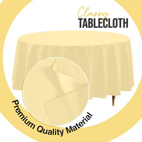 Image of Exquisite 66% Thicker Premium Light Yellow Round Tablecloth 0.5 Mil 24 Pack Plastic Table Cloth Disposable 84 Inch Round Plastic Tablecloth Won't Tear Easily Like Cheap Thin Brands