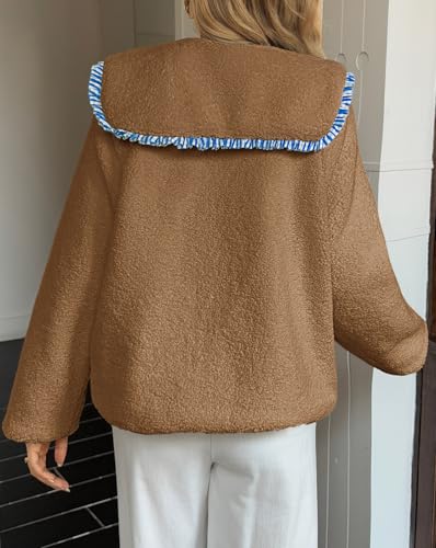 Tankaneo Womens Fuzzy Fleece Jacket Peter Pan Collar Button Down Fall Winter Sherpa Coats Colorblock Cute Warm Outerwear4