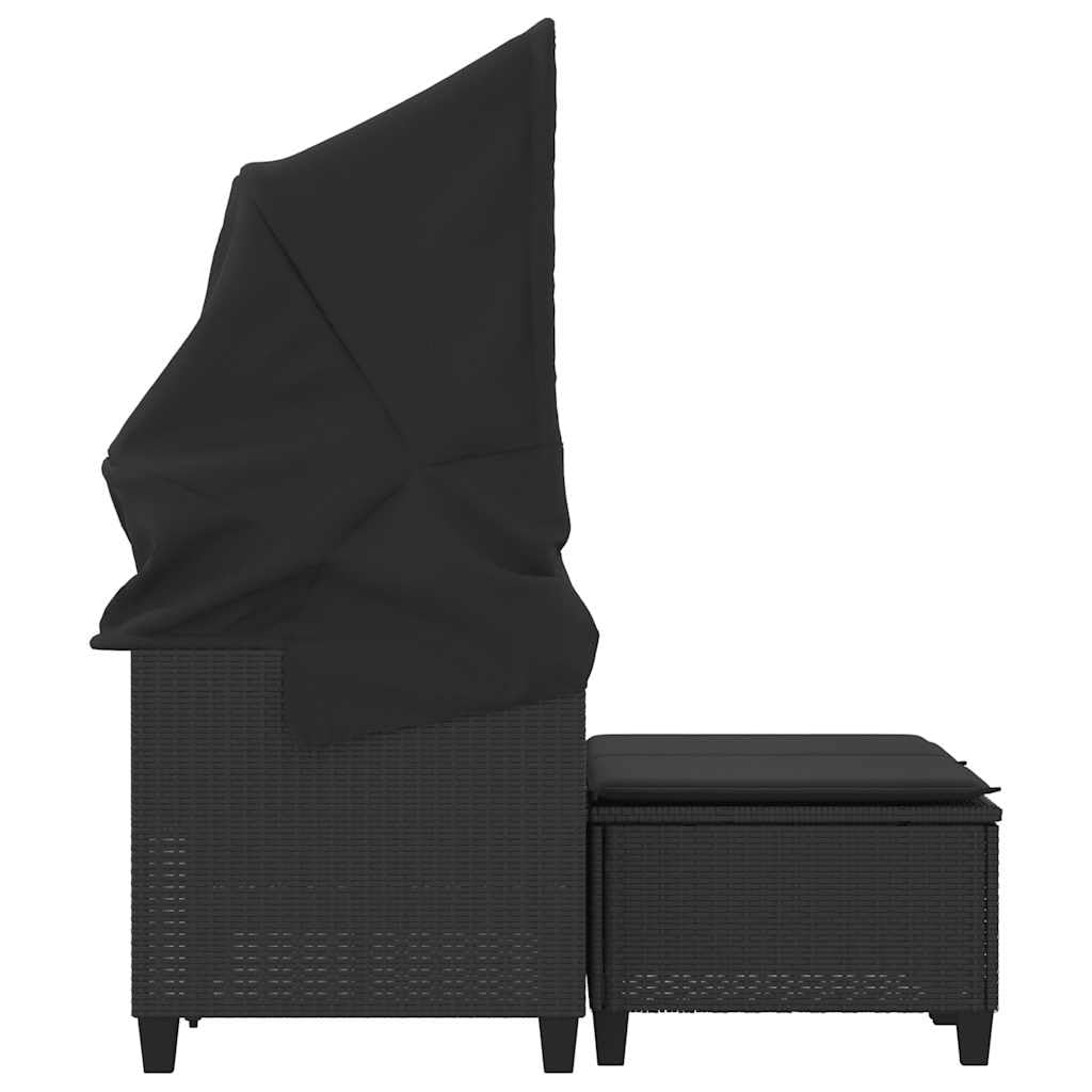 Divano Giardino 2 Posti con Baldacchino e Sgabelli Sdraio Polyrattan Nero per Esterno Set Relax con Cuscini Lavabili 110kg