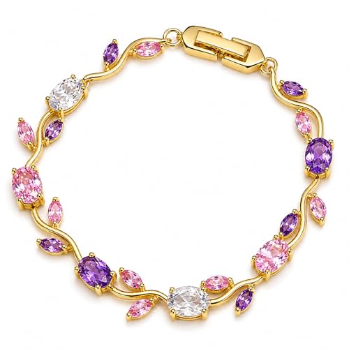Image of Tulip Bracelet for Women & Girls, Gold Plated Pink Crystal Floral Bracelet, Adjustable Chain Stylish Jewellery, Elegant Gift for Her, Trendy Fashion Accessory
