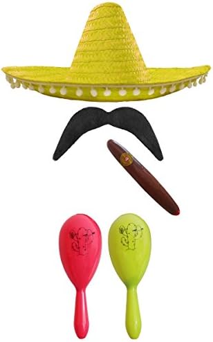 MEXICAN FANCY DRESS ACCESSORY SET. MEXICAN SOMBRERO + MARACAS + TASH. PERFECT FOR MEXICAN FANCY DRESS COSTUMES SENORITA BANDIT MARIACHI (BLACK POM POM SOMBRERO + GREEN AND RED MARACAS)