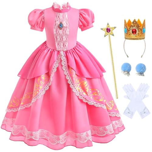 Snyemio Disfraz Princesa Peach Niña Vestido Rosa con Accesorios Difraces para Carnaval Halloween Cumpleaños Navidad, Rosa, 6-7 Años(Etiqueta 130)