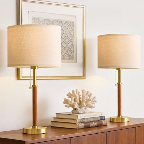 22 Wood Table Lamps Mid Century Modern Lamp for Bedroom Living Room Bedside Lamps for Night Stands Nightstand Lamp with Pull Chain Gold Small Side End Table Lamps Set of 2 Vintage Deco Gifts