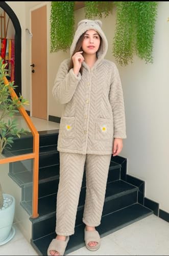 Image of Ukal Women's Wool Blend & Fleece Long Sleeve Pullover Hoodies Set Full Length Winter Nightwear Pajama and top Set Tracksuit Gym Suit Night Suit