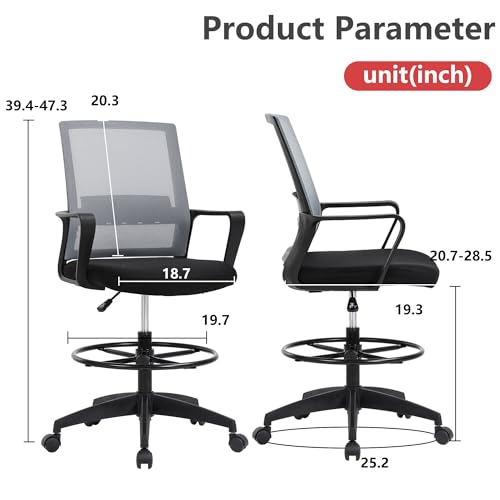 Image of BestOffice Drafting Chair Tall Office Chair Adjustable Swivel Rolling Mesh Height with Lumbar Support Arms Footrest Mid Back for Adults Standing Desk Drafting Stool (Ashy)