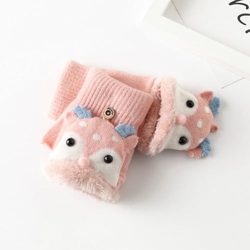 Cartoon Convertible Flip Top Gloves Kids Winter Warm Knitted Fingerless Gloves Cute Reindeer Plush Mitten for Girls Boys 1-6Y2