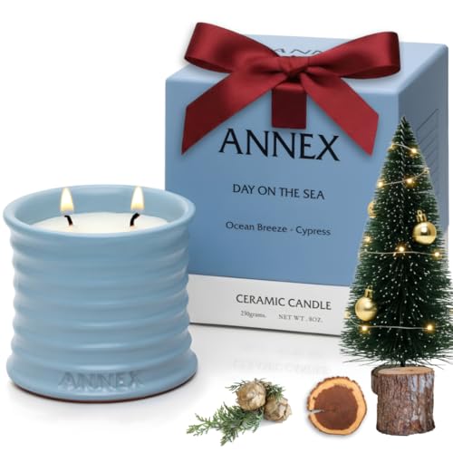 Scented Luxury Candles in Handmade Ceramic Jars, Soy Wax | Day On The Sea – Cypress & Cedar, Large Candle | Non Toxic, 2 Wicks, Reusable Big Blue Jar | Natural Spring Aromatherapy for Women & Men