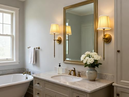 Image of Phansthy Hardwired Brass Boho Wall Sconces Set of 2, Vintage Industrial Wall Lights 2 Pack, Vanity Light Wall Lamps with Lace Gauze Shade for Bedroom Living Room Hallway Decor (Antique + Khaki Shade)