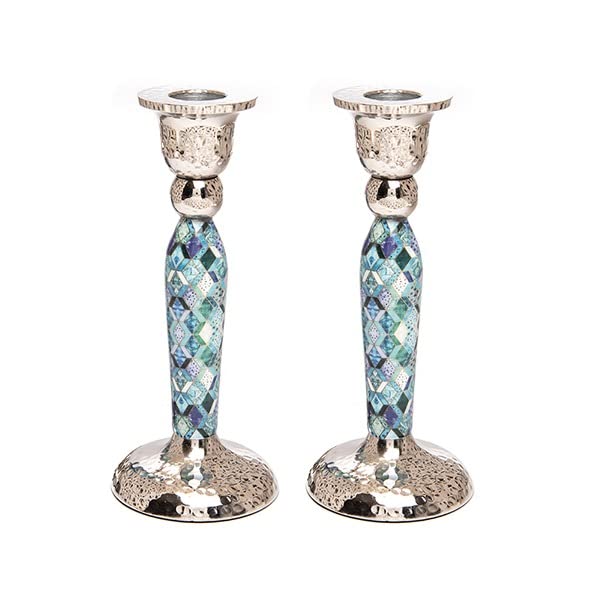 Yair Emanuel Modern Pillar Candle Holders 6.5 Inch | Shabbat Candlestick Holders | Colorful and Intricate Design Set of Two Judcaia Gift (Diamonds CSV-2)