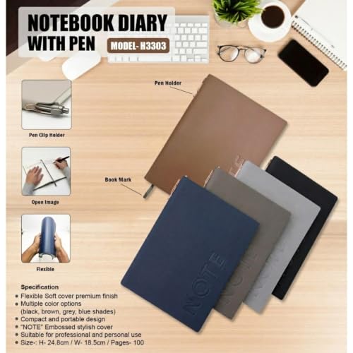 Image of A5 Premium Leatherette Diary Notebook with Metal Pen, Ruled Journal for Office Meetings, Daily Planner, Business Notebook, Writing Journal, Work Organizer, Executive Notebook for Men & Women