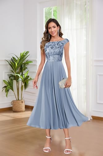 Sequin Mother of The Bride Dresses for Women Off The Shoulder Tea Length Cap Sleeves Formal Wedding Guest Dress2