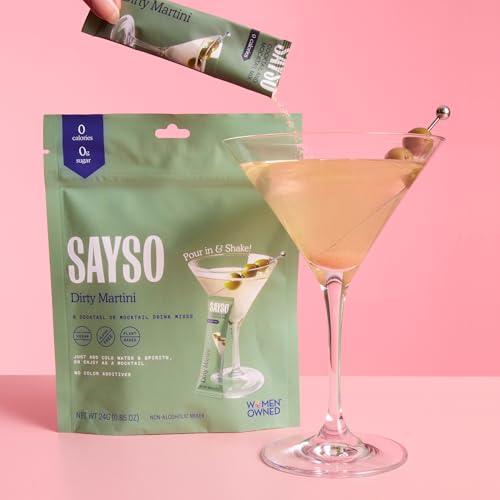 SAYSO Dirty Martini Cocktail Sticks | Craft Cocktail or Mocktail in 1 Min, Just Add Water + Spirits (0g Sugar, 0 Calories, Vegan, Gluten-Free, Kosher, Non-GMO), 8 Single-Serve Mixers