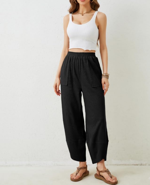 Womens Baggy Pants Casual Elastic Waisted Palazzo Harem Wide Leg Pants with Pockets2