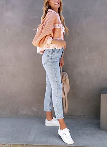 chouyatou Women's Cropped Waffle Knit Jacket Boyfriend Button Down Shirt Shacket Tops4