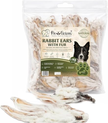 PAWLICIOUS 1kg Rabbit Ears with Fur for Dogs 7085 Hairy Ears 100% Natural Air-Dried Raw Dog Food Treat Hypoallergenic Chew for Puppies Adults & Seniors Grain & Gluten Free