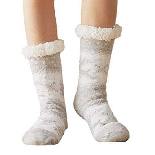 OSISTER7 Femmes Chaussettes Confortable ver Chaud Casual Dames Duveteuses Mignon Moyen e Doublé en Polaire Artificielle Super Doux Noël Elk Antidérapant Épais Pantoufles Thermiques(Gris Clair) Cover