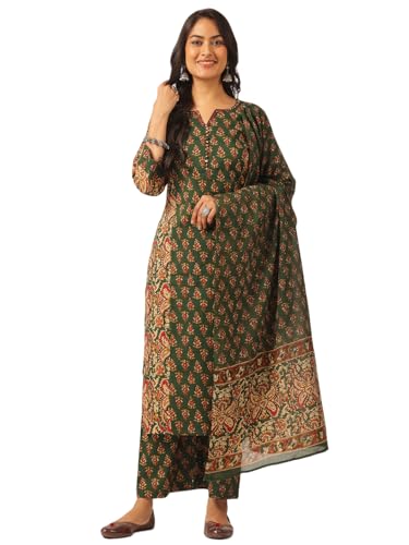 Image of Vbuyz Women's Printed & Embellished & Mirror Work Straight Cotton Stitched Kurta set | Straight Kurta Pant Dupatta | Kurta Set with Dupatta for Women | Suit Set | Ethnic Set | Printed Kurta Set