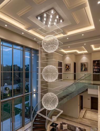 Image of Sanleen Modern Contemporary Crystal Glass Double Height Chandelier Ceiling Lighting Lamp (Design 4) | 2 Ft Width x 8 Ft Height Luxury Staircase Chandelier for Duplex, Foyer, Lobby & Villa Decor