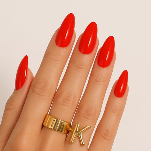 Glossy Red Press On Nails – Almond Shape, Medium Length, 24 PCS F...