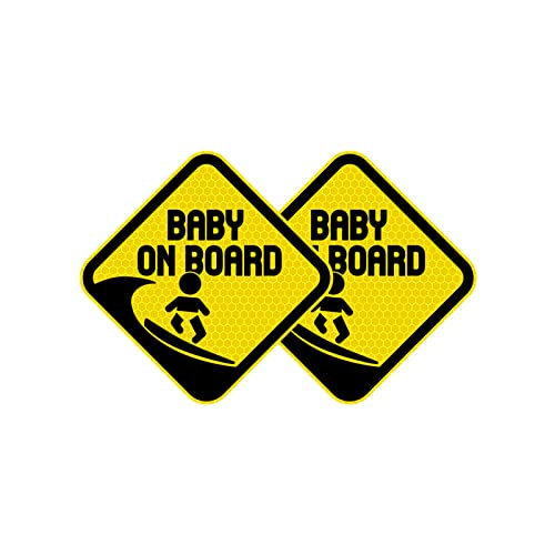 Vesvory 2 Stück Baby on Board Surf-Aufkleber für Autos, reflektierende Vinyl-Aufkleber, lustiges Schild für Baby an Bord, 12,5 x 12,5 cm, reflektierend, für alle Autos (gelb)