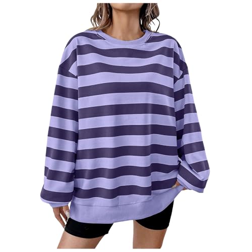 Image of Sweatshirts Fall/Winter 2024 Long Sleeve Stripe Print Loose Sweatshirt Women (Purple, M)