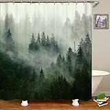Hipposama Forest Shower Curtains, Nature Misty Mountain Tree Shower Curtain Set, Rustic Forest Green Shower Curtains for Bathroom, Waterproof Fabric with 12 Hooks, 72 x 72 Inches