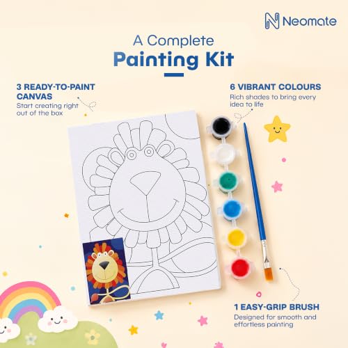 Image of Neomate Canvas Painting Kit for Kids | DIY Painting Set with 3 Printed Canvas, 6 Acrylic Paint Pots & Brush | Art and Craft Kit, Paint Kit for Kids, Birthday Gift, Return Gift, Creative Activity Set