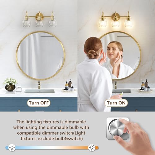 PRIMEPLUS Gold Vanity Light, 3 Light Bathroom Light Fixtures, Modern Bathroom Vanity Lights Fixtures Over Mirror with Clear Globe Glass Shade, Gold Wall Sconces for Bathroom Hallway, E26 Base by PRIMEPLUS - Image 6