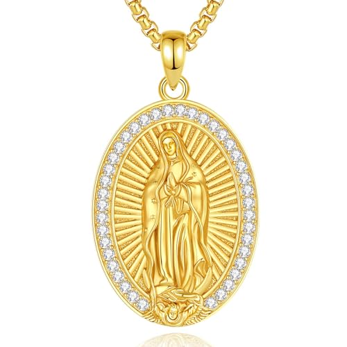 INFUSEU Virgen De Guadalupe Necklace Our Lady of Guadalupe Virgencita Medalla De La Virgen Milagrosa Women Gold Virgin Mary Miraculous Medal Jewelry Virgen Maria Pendant Mother Mary Religious