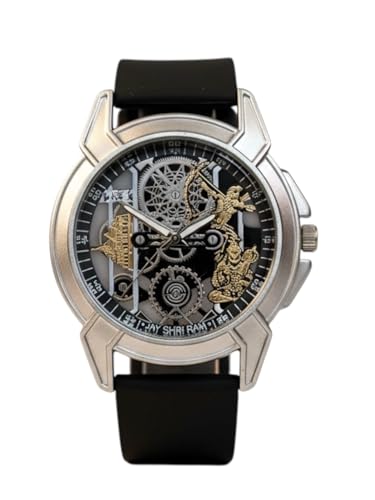 Image of Shree Ram Skeleton Watch, Ayodhya Mandir Theme, Mechanical Look Quartz, Stainless Steel Metal Bracelet, Round Dial with Deity Engraving for Man and Boyes