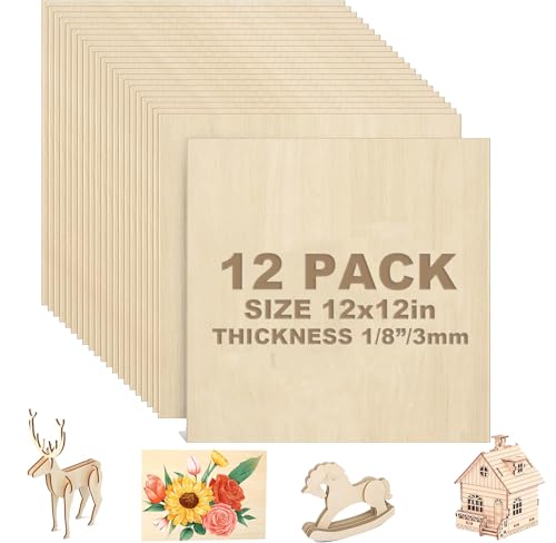 12 Pack Basswood Sheets 1/8 inch Plywood 3mm, Square Unfinished Wood Boards for Crafts, DIY Projects, Mini House Building, Architectural Model Making - 11.8 11.8 Inch