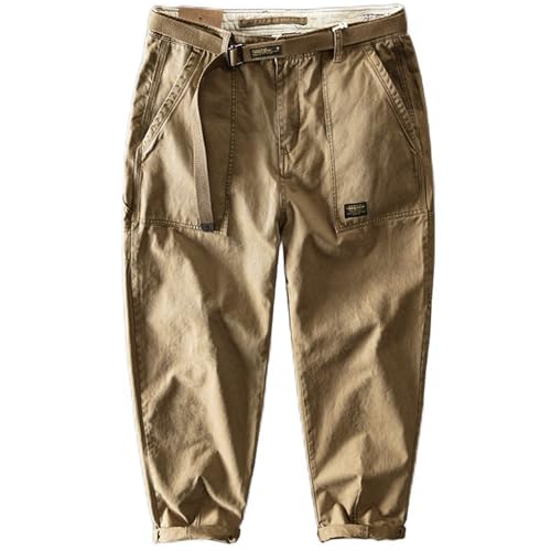 GIBZ Men's Cargo Pants with Pockets and Belt 100% Cotton Loose Fit Trendy Pants for Work, Khaki, 30