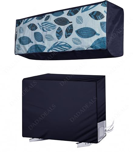 Image of Split AC Cover Combo Set 1.5 Ton | Indoor Outdoor Waterproof & Dustproof Protection | Durable, Breathable Fabric | These Covers Help Maintain Airflow | Blue White Leaves