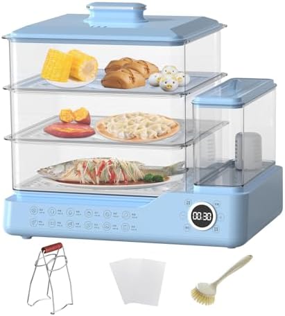 3-Layer Electric Food Steamer 24L, Multi-Functional Touch Screen, 24H Timer, Independent Water Tank, Automatic Shut-Off, Ideal for Cooking Eggs, Fish, Meat - White