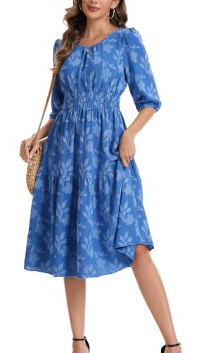 Image of Kormei Women Casual Boho Floral Round Neck 3 /4 Sleeve Smocked Waist Tiered A Line Flowy Swing Midi Dress Long Dresses