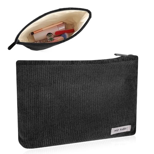Cosmetic Bags for Women Makeup Bag Organizer Small Mini Makeup Pouch for Purse Corduroy Makeup Pouch Travel Cosmetic Bag Skin Care Bag with Metal Zipper for Travel Toiletry Girls Gift (Black)