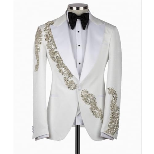 Men's Tuxedo Jacket Rhinestones One Button Slim Dress Blazer for Groom Wedding White Prom Dinner Party Suit Blazer2