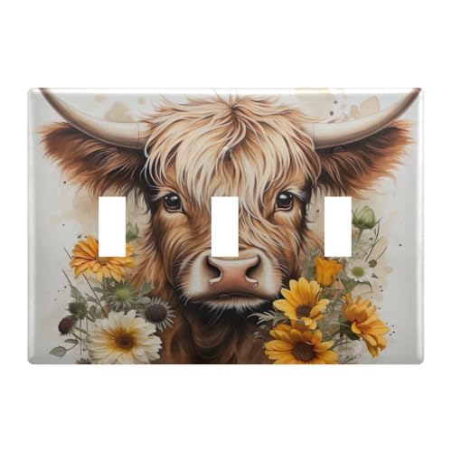 Light Switch Cover Cute Highland Cow Sunflower Wall Plates for Electrical Outlets 3 Gang 202a5412