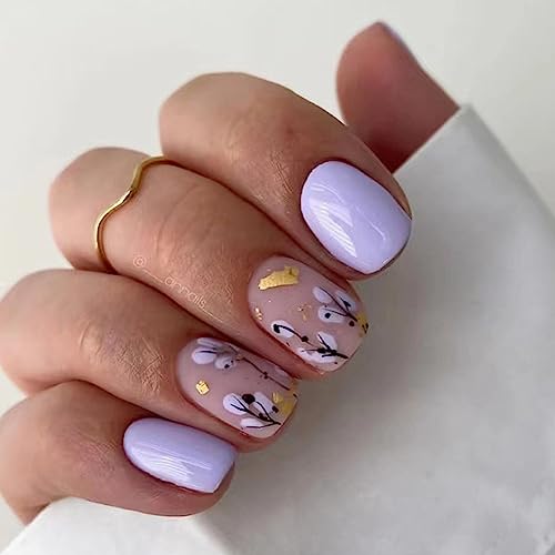 Ceboic Short Square False Nails, 24Pcs French Tips Purple Flower Press On, Glossy Reusable With Adhesive Tabs, Acrylic Full Cover Stick On for Women Girls Daily Wear Salon