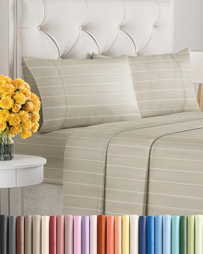 Image of Queen Size 4 Piece Sheet Set - Soft & Cooling Bed Sheets - Beige Stripes 4 | Fits 8 Inch to 16 inch Mattress, Wrinkle Free & Fade Resistant with Deep Pockets, Breathable, Comfy Hotel Luxury Bedding