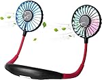 Portable Neck Fan, Color Changing LED, with Aromatherapy, USB Rechargeable Battery with 3 Level Air Flow, Indoor Outdoor Sports, Headphone Design Fan Strong Airflow Quiet Operation (black red)